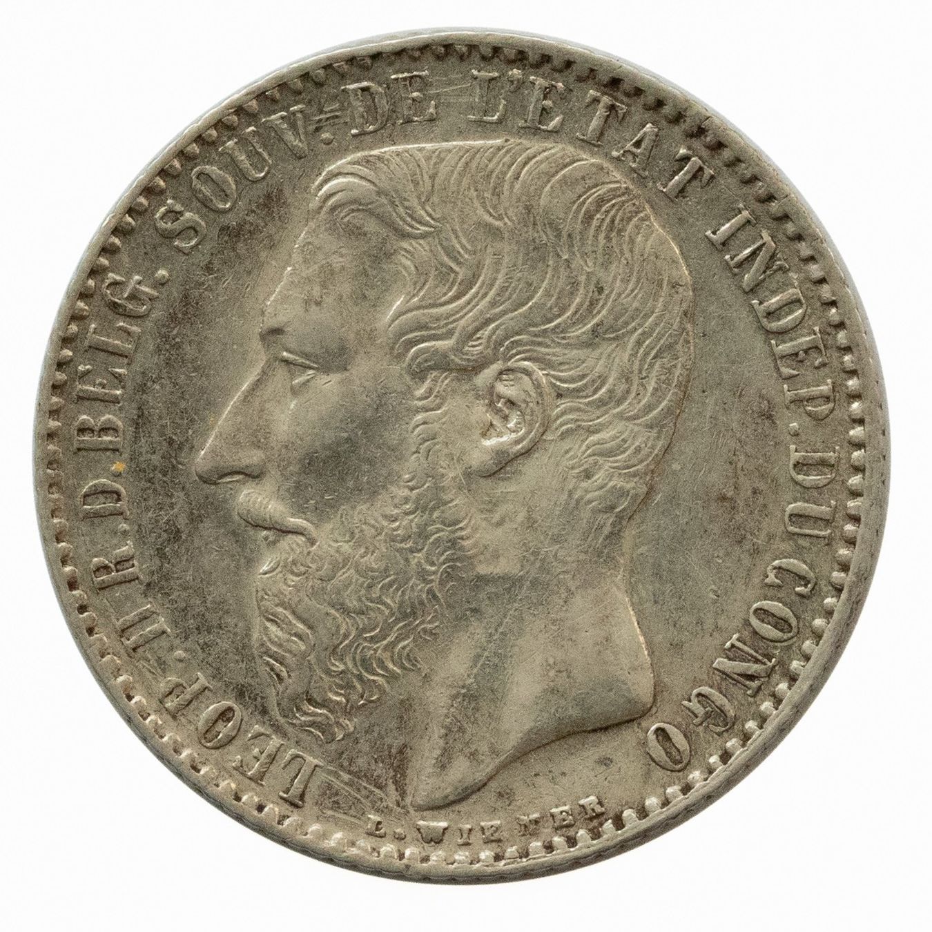 Tutti le monete: Belgian Congo 1 Franken 1896 Leopold II Silber – Usato da Rotkreuz venduto da num_6343 1