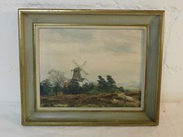 Gemälde Windmühle Landschaft Öl auf Platte gerahmt