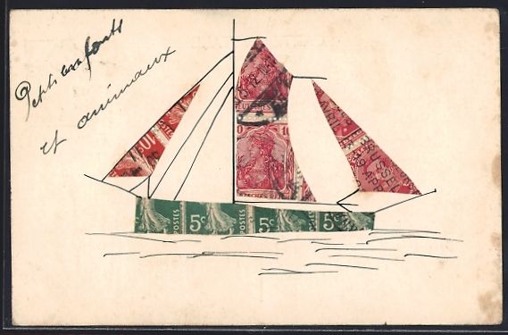Cartoline postali: Briefmarkencollage in Form eines Segelbo – Usato da Berlin venduto da bartko-reher