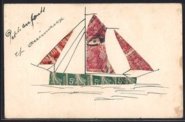 Briefmarkencollage in Form eines Segelbo