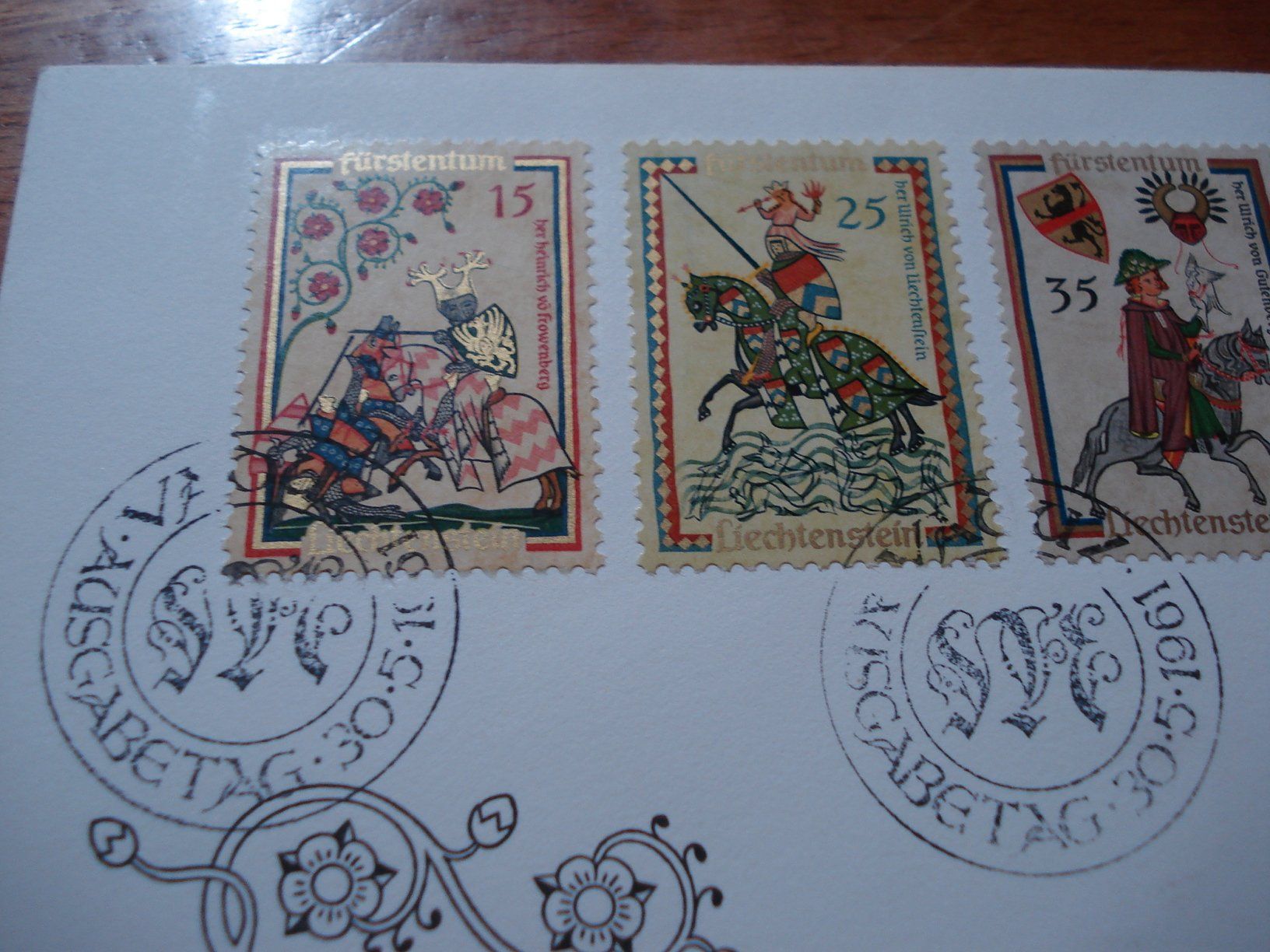 Alle Briefmarken: FDC Liechtenstein 1961, Satz Minnesänger – Gebraucht aus Niederwil AG von morostahu 1
