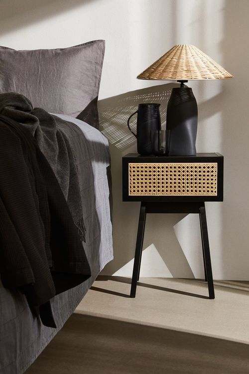 AWASEN Nachttisch Im Mid-Century-Design Mit Rattan-Schublade – Schwarz, Praktisch & Stylisch