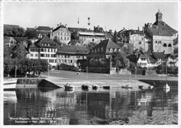 Murten FR // Morat 1954 Hotel Weisses Kreuz Terrasse