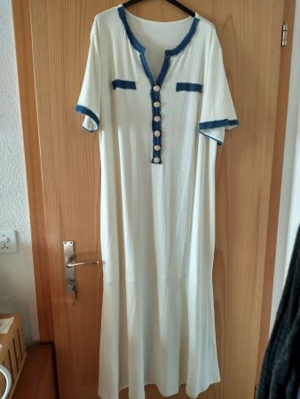 Kleid lang weiss mit blauem Besatz Grösse ca. XXL neu