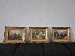Vintage Prunkbilder 3er-Set, Goldrahmen, Romantik-Landschaft