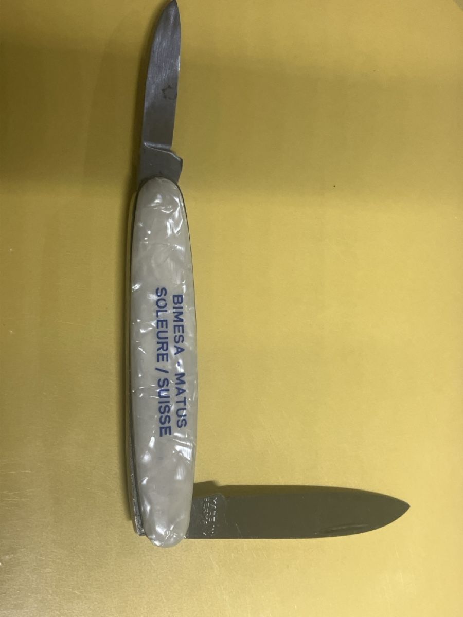 Coltelli tascabile: Sackmesser perlmut mit Bimesa Werbung – Usato da Erlenbach im Simmental! venduto da Simmentaler-Perlen 2