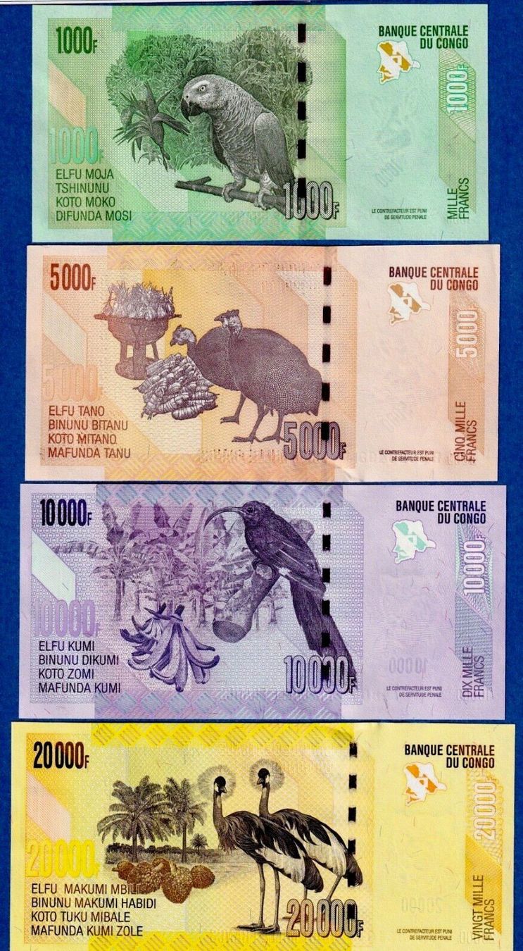 Banconote: Set Congo 1000.5000.10000.20000 Francs UNC – Nuovo e nell'imballaggio originale da Auw venduto da VIMM-78 1