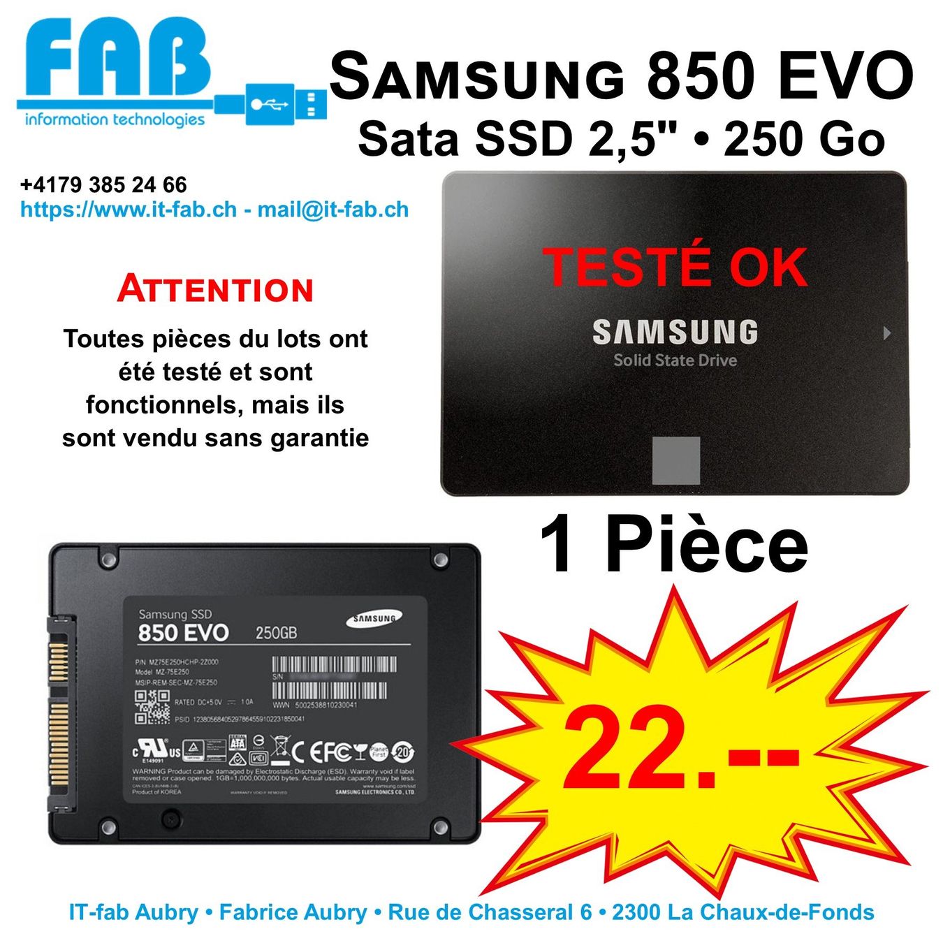 Samsung Dischi rigidi: SSD 2,5" Samsung 850 EVO 250 Go – Usato da La Chaux-de-Fonds venduto da it-fab