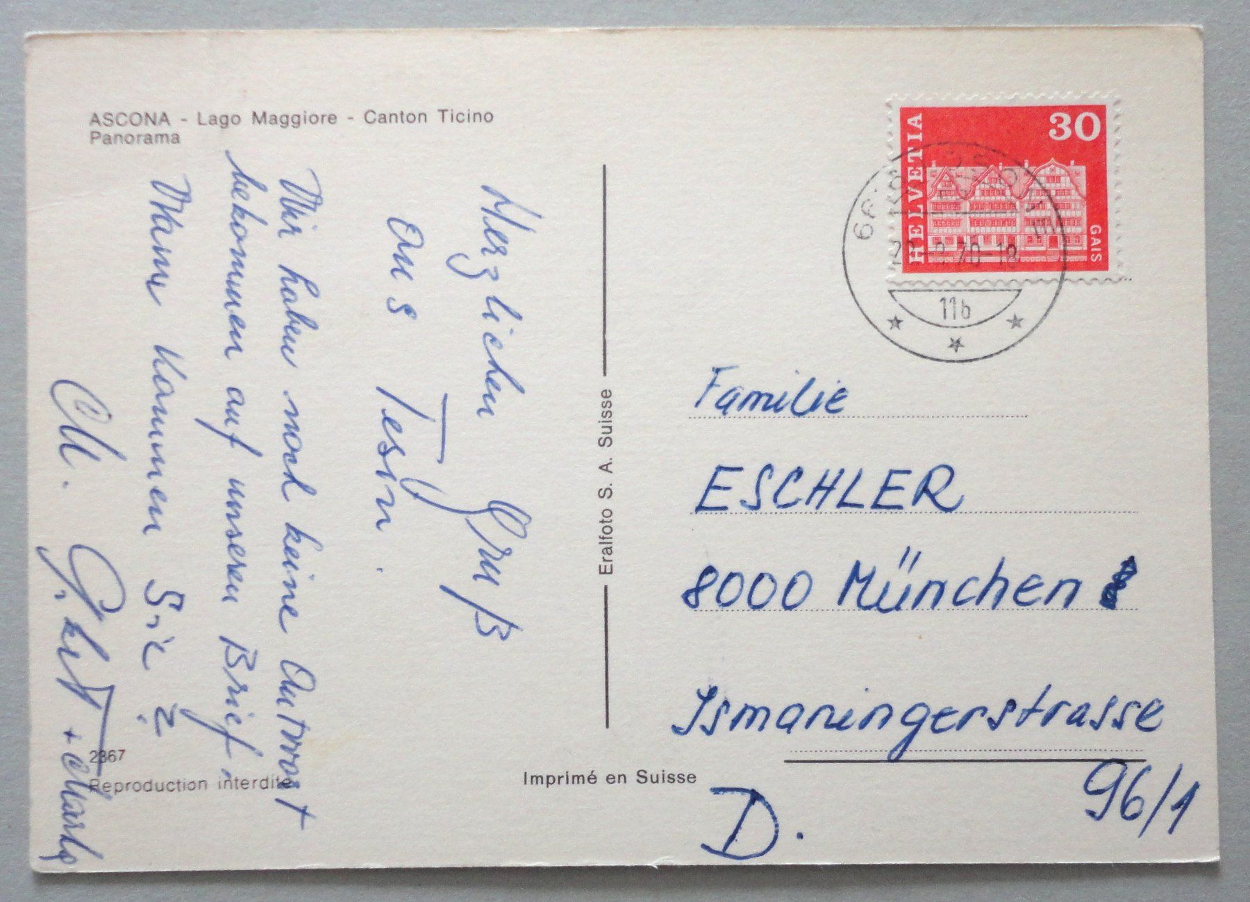 Cartoline postali: Ascona - Panorama, Lago Maggiore – Usato da Fétigny venduto da Billy2miny 1
