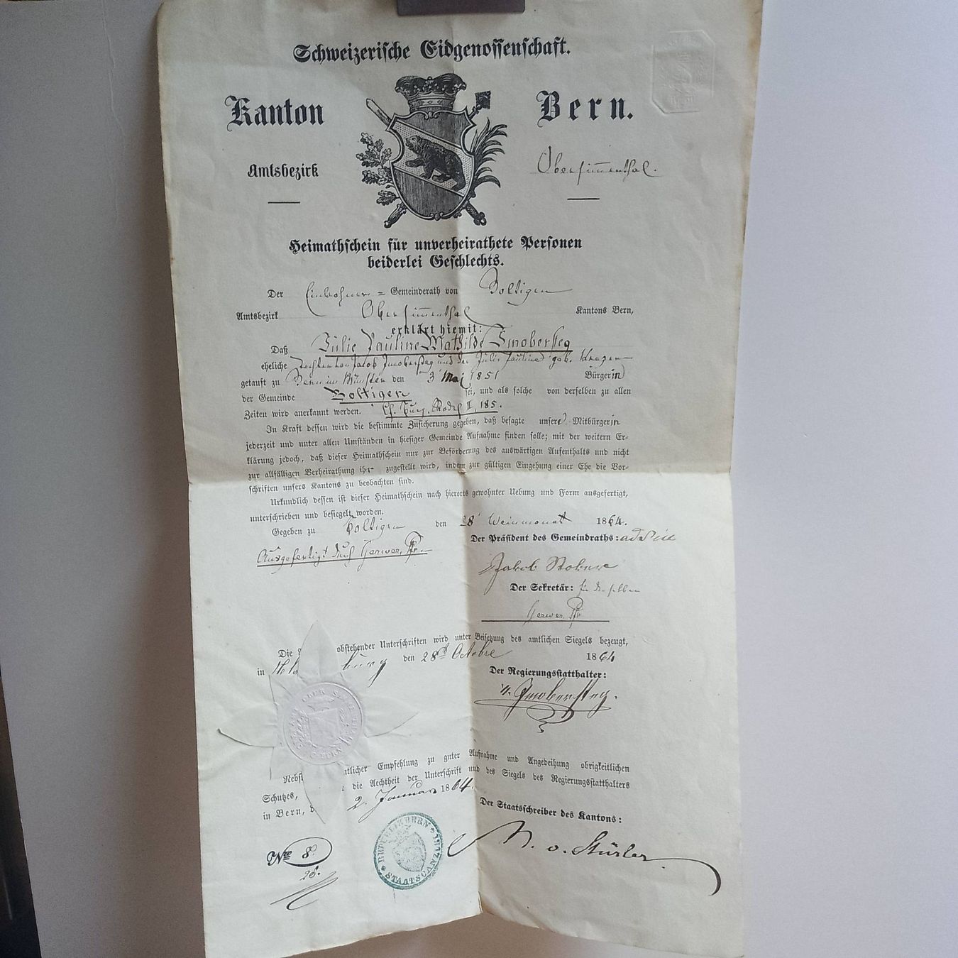 Documenti: Bern - documento - 1864 – Usato da Sorengo venduto da