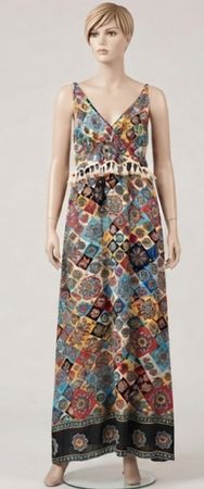 Robe longue imprimée multicolore avec franges T.M