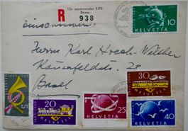 R-Brief 1949 mit verschiedenen Satzmarken nach Basel.