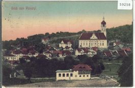 Gruss aus Ruswil - Dorfpartie mit Kirche - coloriert
