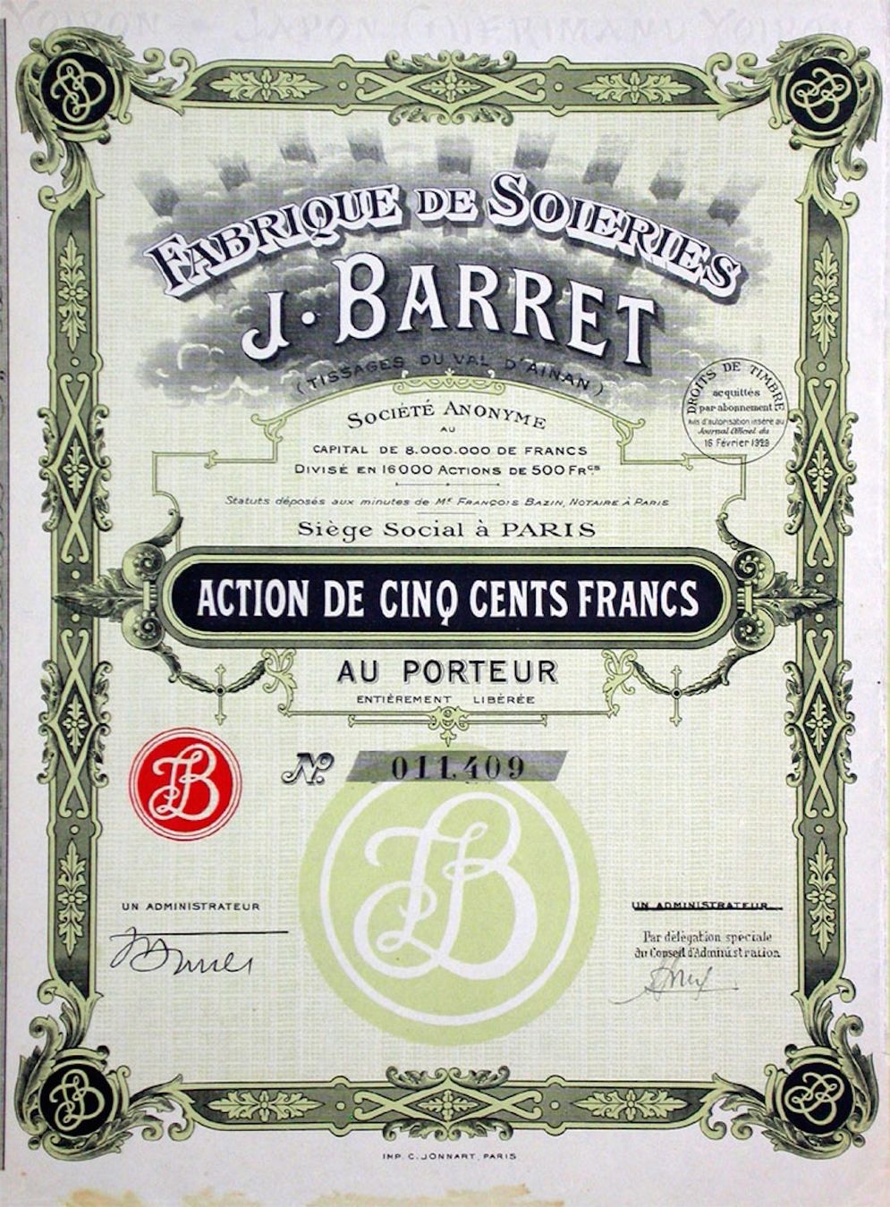 Documenti: Fabrique de Soieries J. Barret, Paris - 1929 – Usato da Solothurn venduto da Sgasche