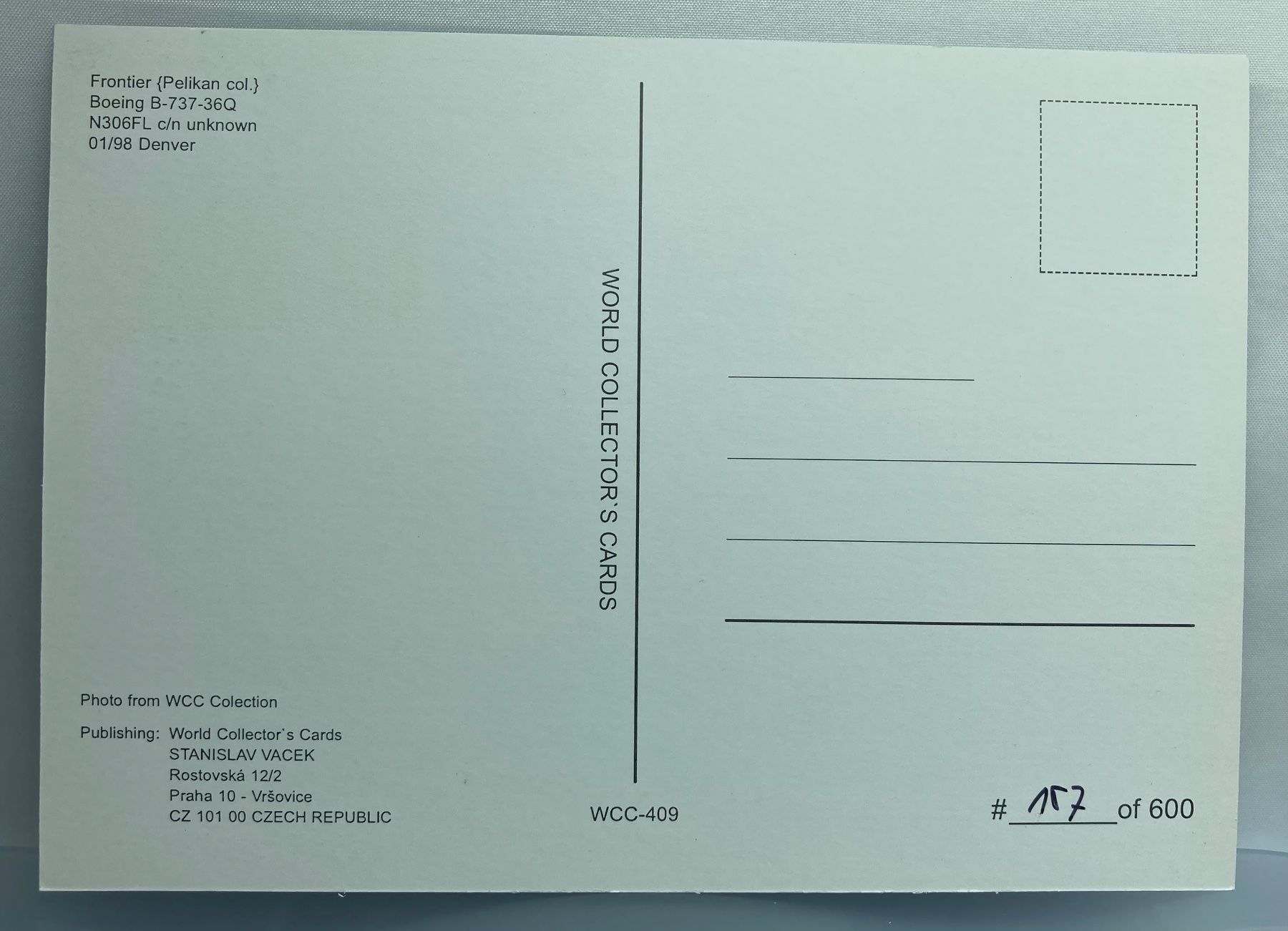 Cartoline postali: Postcard Boeing737-36Q Frontier – Usato da Lugano venduto da sel_x7bg 1