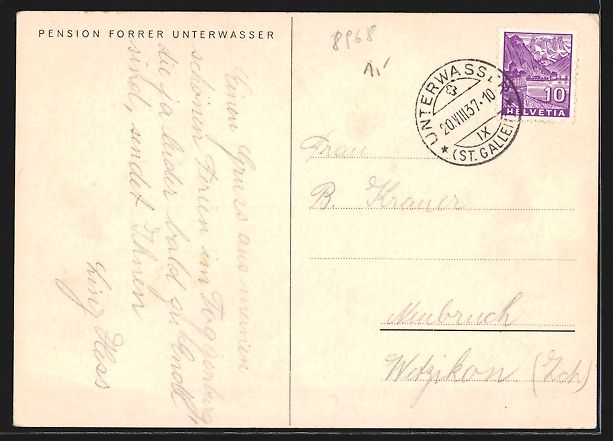Cartoline postali: AK Unterwasser, Pension Forrer, 1937 – Usato da Berlin venduto da bartko-reher 1