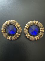 Clips d'oreilles vintage dorés pierre bleue