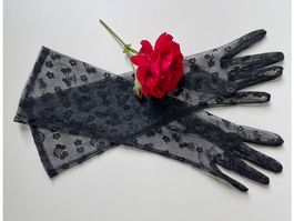 Handschuhe lang schwarz 7.5/8 Kirschen Blümchen VINTAGE 90s