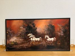 123.5cmbreitx63cm/ Corti/Ölgemälde Pferde im Sonnenuntergang