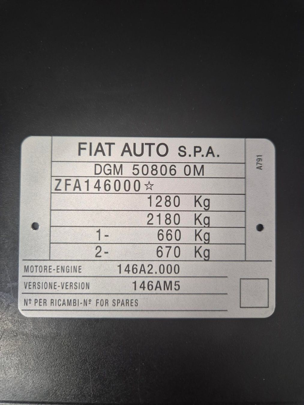 Fiat Insegne: Plaque constructeur Fiat uno turbo ie – Usato da Meyrin venduto da gar_qn7x