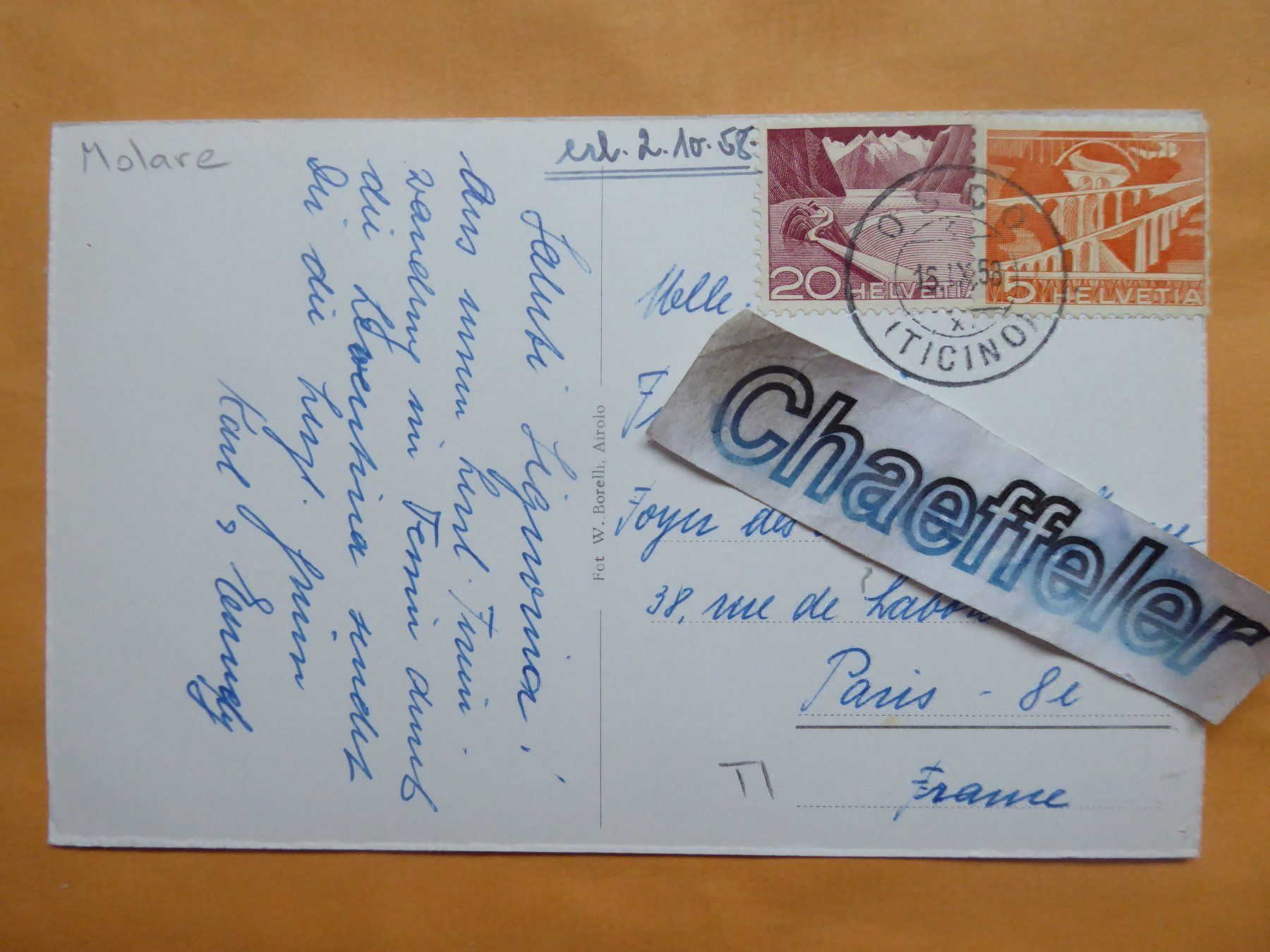 Ansichtskarten: 1958 Molare – Gebraucht aus Zürich von Chaeffeler 1