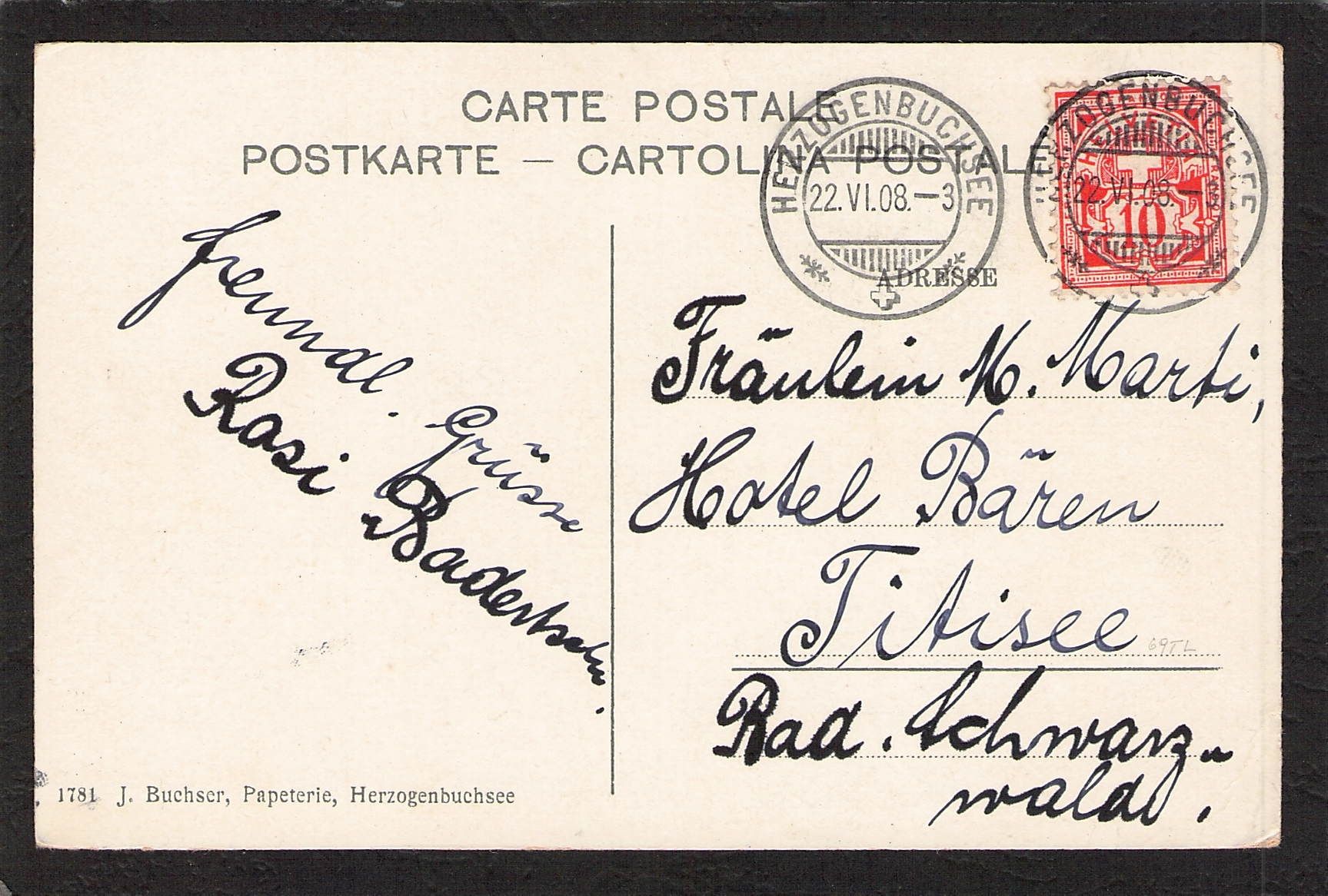 Cartoline postali: Herzogenbuchsee  BE - Dorfplatz , gel. 1908 – Usato da Reichenburg venduto da Pipo-67 1