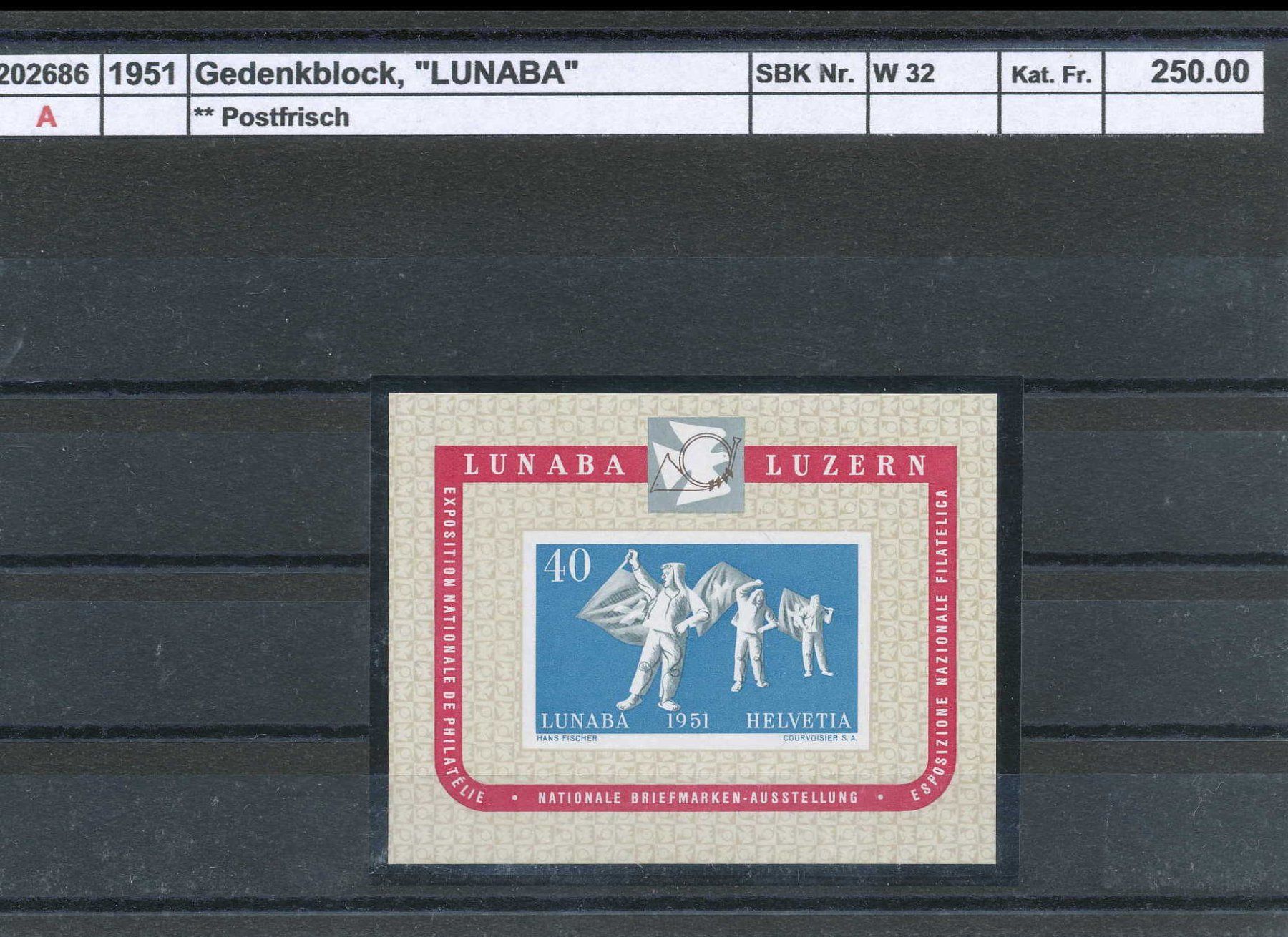 Tutti i francobolli: 1951 Gedenkblock "LUNABA", ** postfrisch – Nuovo (secondo la descrizione) da Winterthur venduto da Zupogeru
