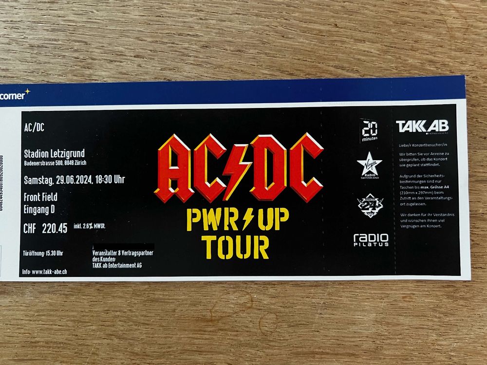 AC/DC PWR/UP TOUR 1 x Front Field 29.06.24 Letzigrund | Kaufen auf Ricardo