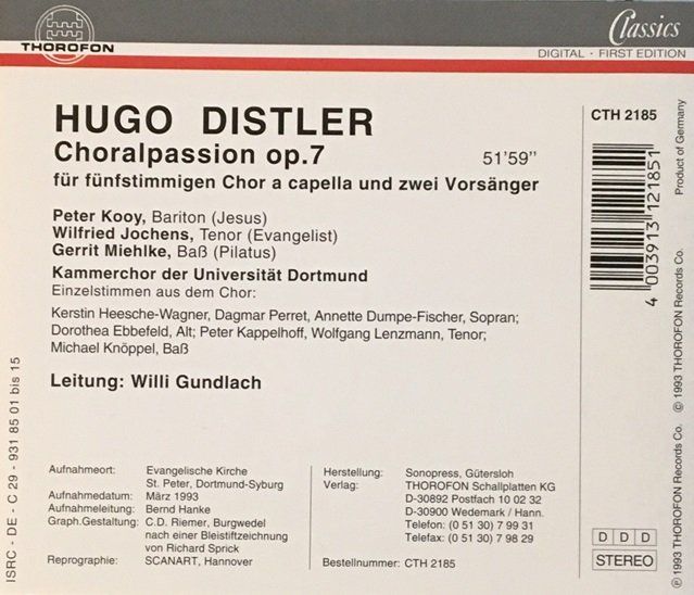 CD: Hugo Distler - Choralpassion op. 7 – Usato da Grüningen venduto da azulamarillo 1