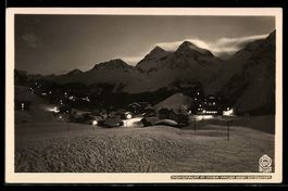 AK Inner-Arosa, Mondnacht, Ortsansicht gegen Shiesshorn