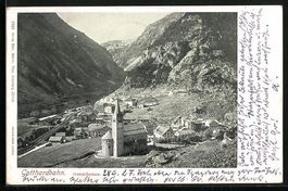AK Goeschenen, Panorama mit Gotthardbahn