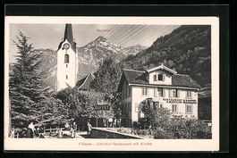 Flüelen, Bahnhof-Restaurant mit Kirche