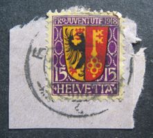 PJ 1918 15 Rappen auf Briefstück
