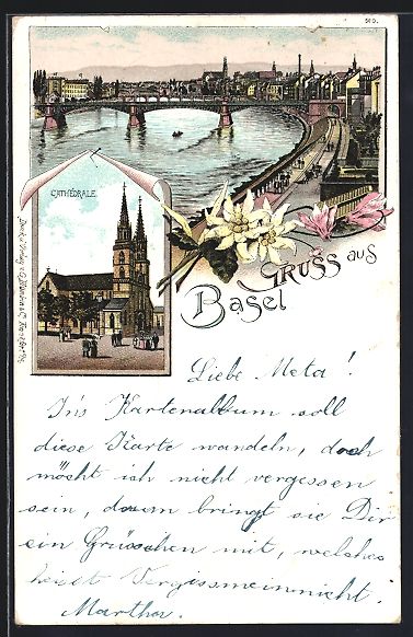 Cartes postales: Litho Basel, Cathedrale, Uferstrasse mit – D'occasion à Berlin par bartko-reher