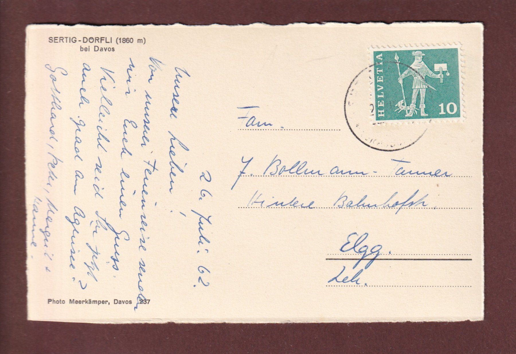 Cartoline postali: DAVOS - Sertig-Dörfli - 1962 – Usato da Pully venduto da nicecards 1