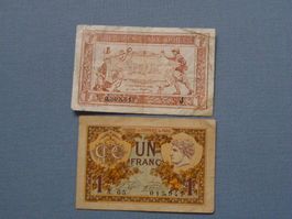 2 x alte französische 1 Franc Noten, Jahrgang 1917/1922