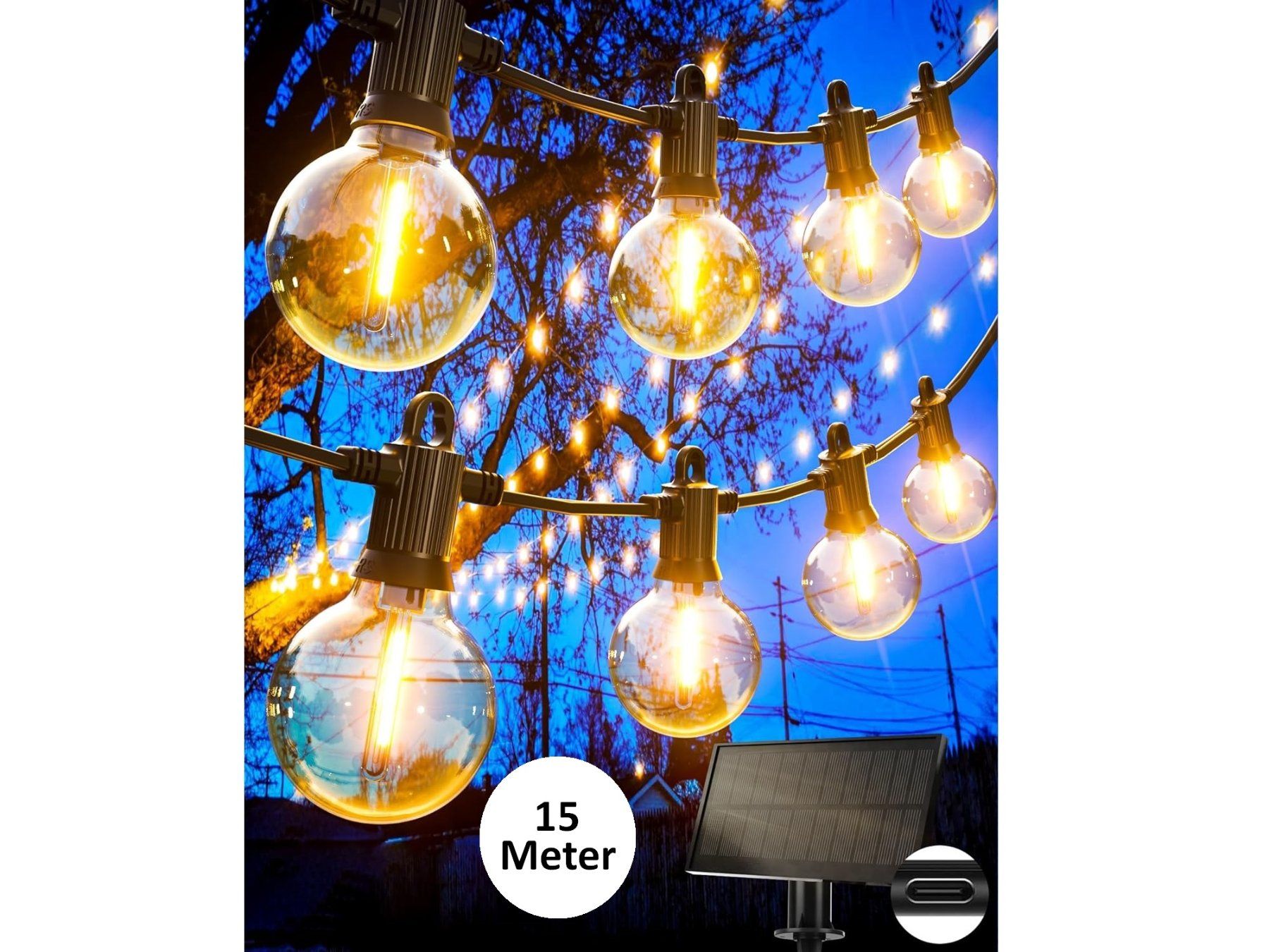 Ghirlande e barre luminose: SOLAR GLÜHBIRNEN LICHTERKETTE AUSSEN 15 METER - 25+2 BIRNEN – Nuovo e nell'imballaggio originale da Kriens venduto da swissgadget