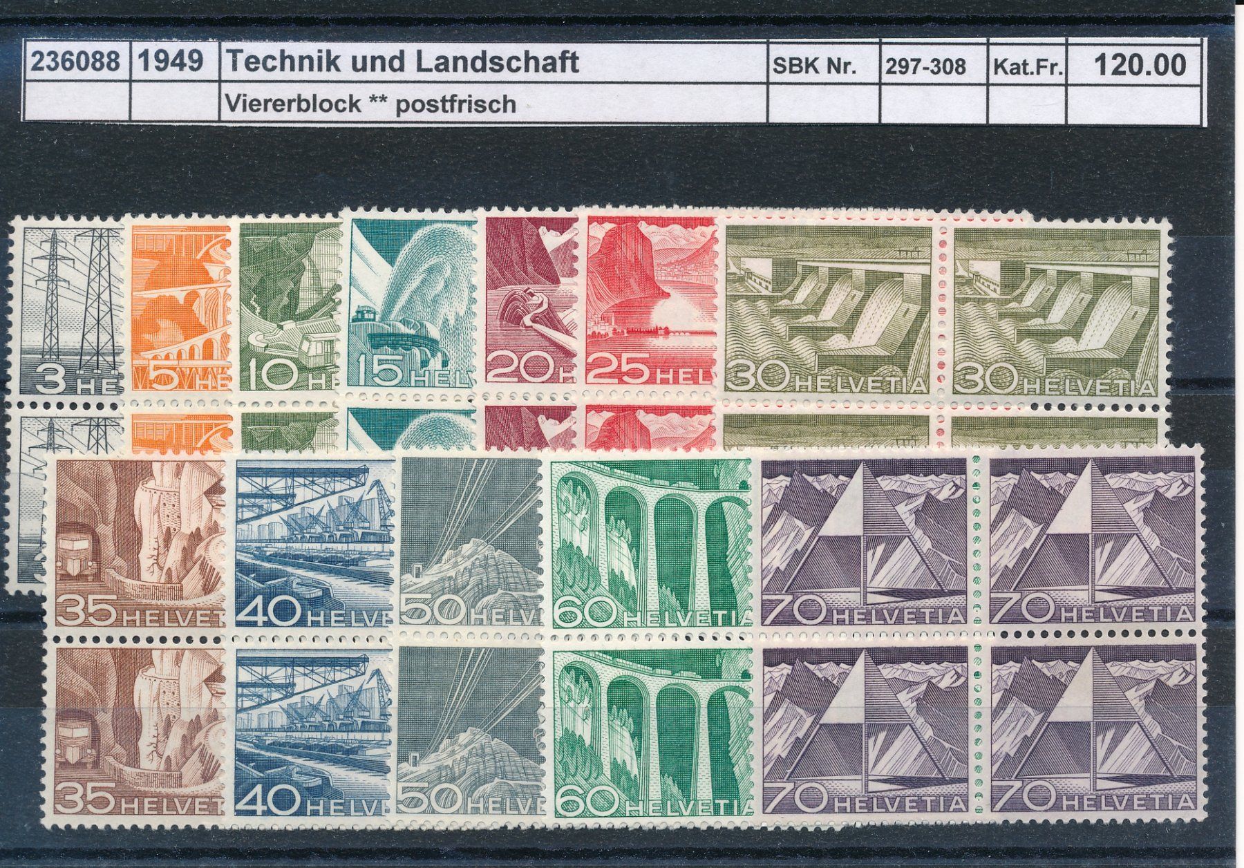 Tutti i francobolli: 1949 "Technik und Landschaft" - Viererblock, ** postfrisch – Nuovo (secondo la descrizione) da Winterthur venduto da Zupogeru
