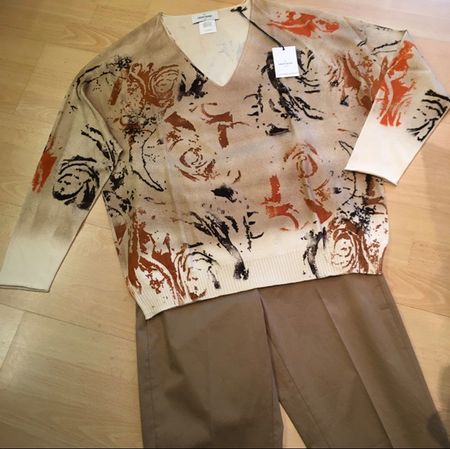 Gran Sasso feiner LA Strick V Pullover bedruckt beige Gr 40