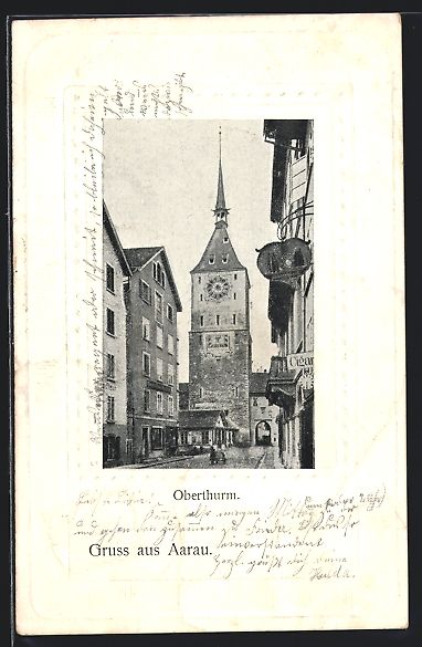 Cartoline postali: Präge-AK Aarau, Oberturm mit Zigarrenge – Usato da Berlin venduto da bartko-reher
