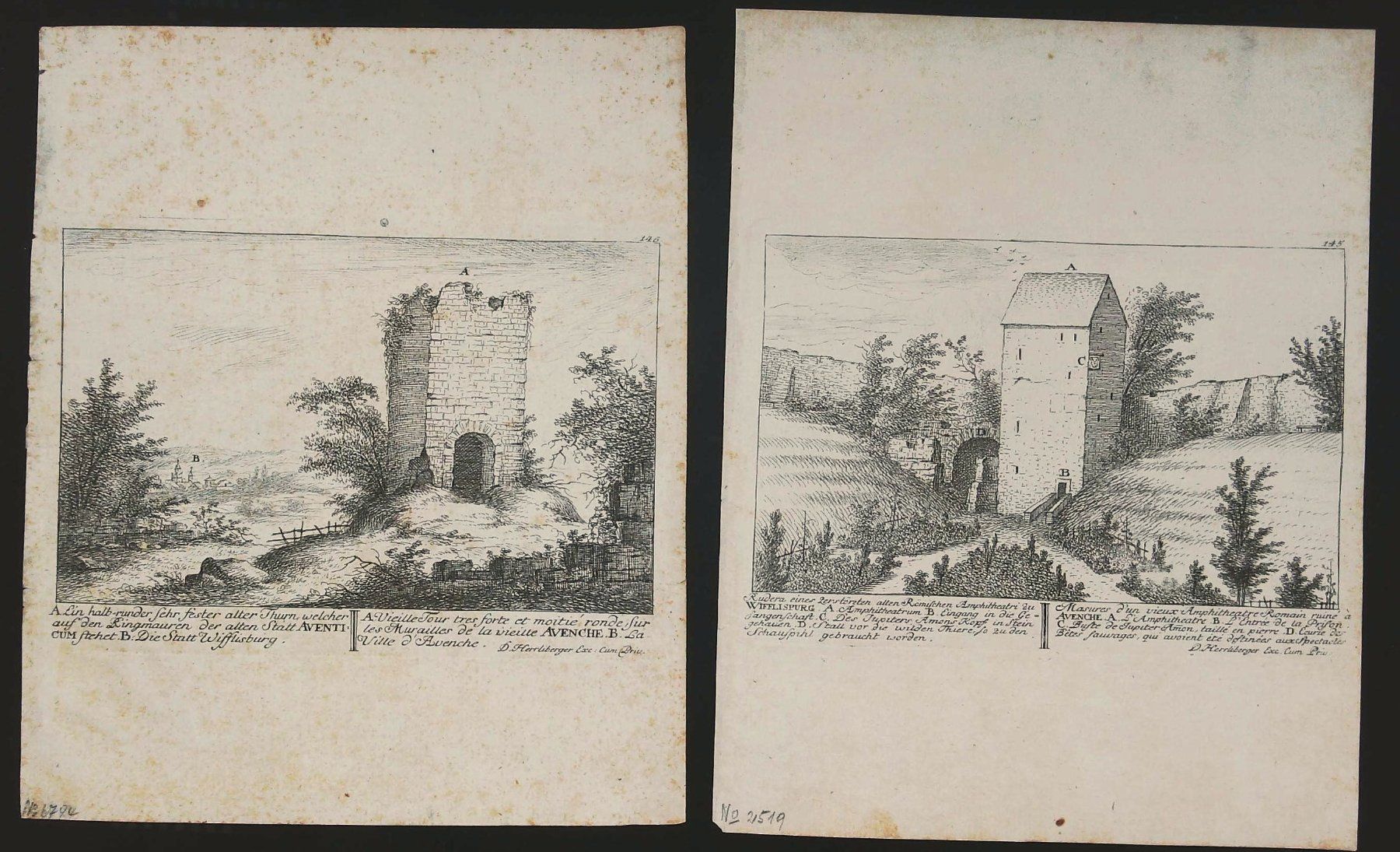 Stiche: Avenches 2 Blätter  von Herrliberger 1757 – Gebraucht aus Rafz von Helvet32