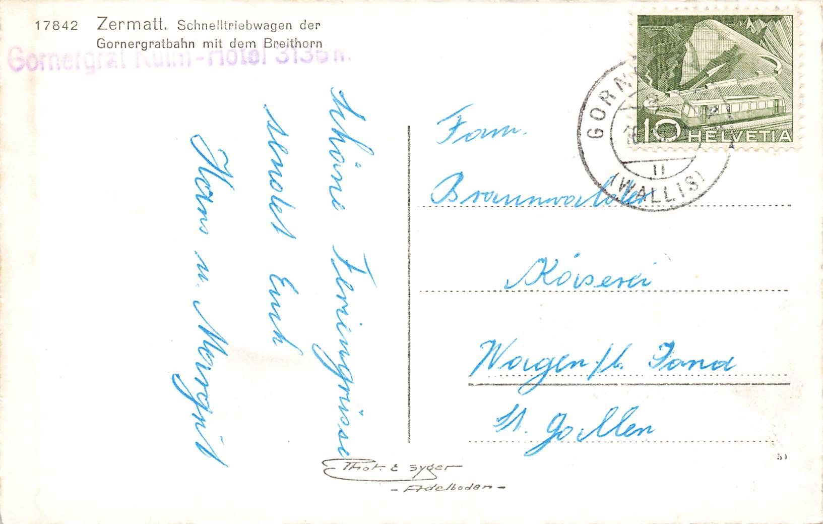Cartoline postali: Zermatt (VS) Gornergratbahn Triebwagen mit Breithorn – Usato da Biasca venduto da Blenio71 1
