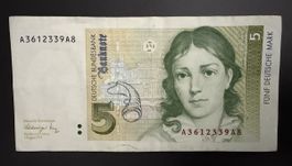 5 Deutsche Mark Banknote A3612339A8, Zustand sehr gut
