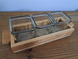 3er Set Kerzenständer aus Glas mit Holztablett