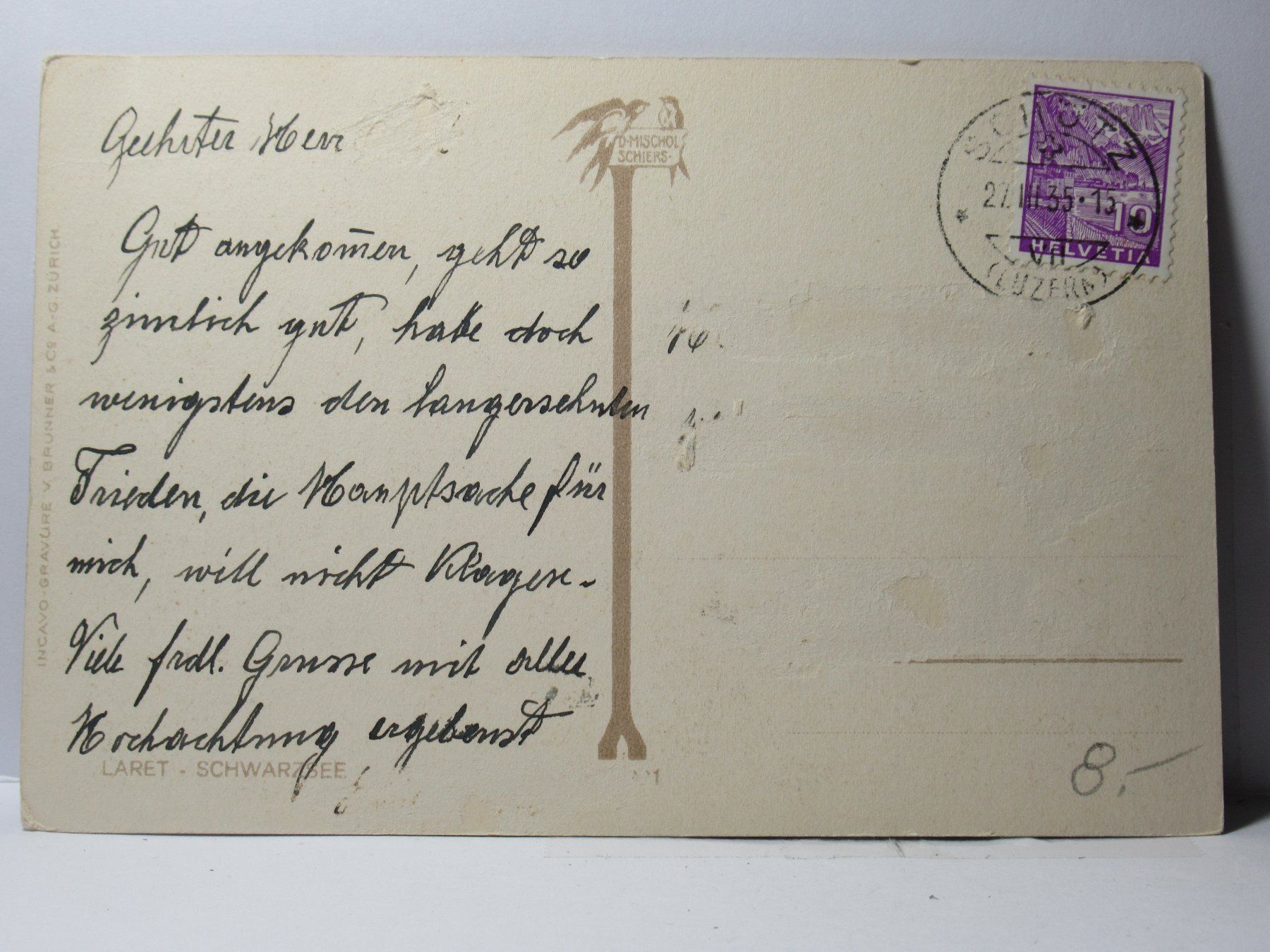 Ansichtskarten: Laret - Schwarzsee 1935 – Gebraucht aus Grenchen von Bluemchen1900 1