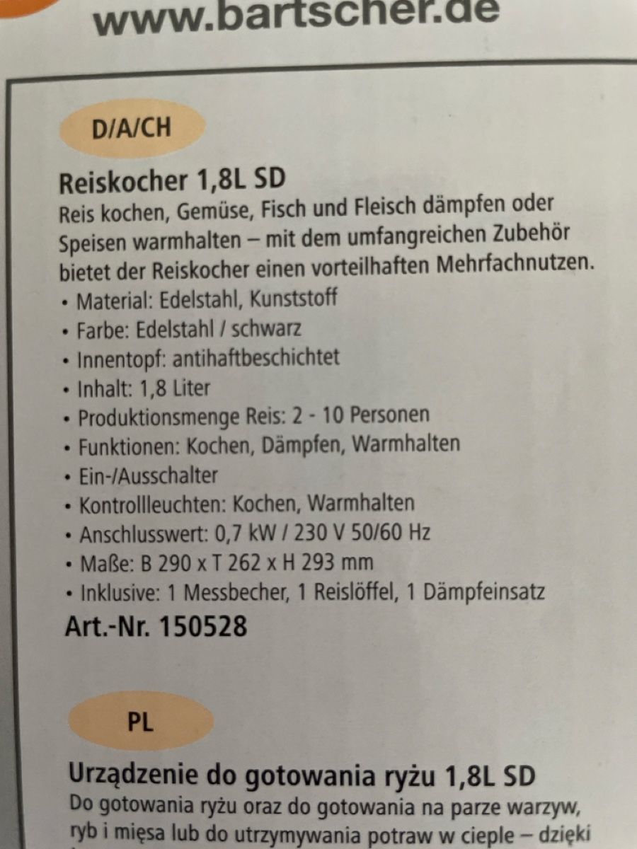 Bartscher Elettrodomestici da cucina: Reiskocher Bartscher 1.8 L – Nuovo (secondo la descrizione) da Ottikon venduto da CurcioA 1