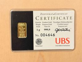 1g UBS Goldbarren, Feingold 999.9 mit Zertifikat - Top!