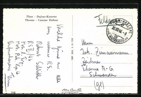 Cartoline postali: AK Thun, Dufour-Kaserne, 1946 – Usato da Berlin venduto da bartko-reher 1