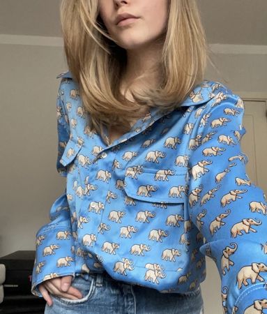 Blue Elephant Print Shirt Size L Zara made in Morocco