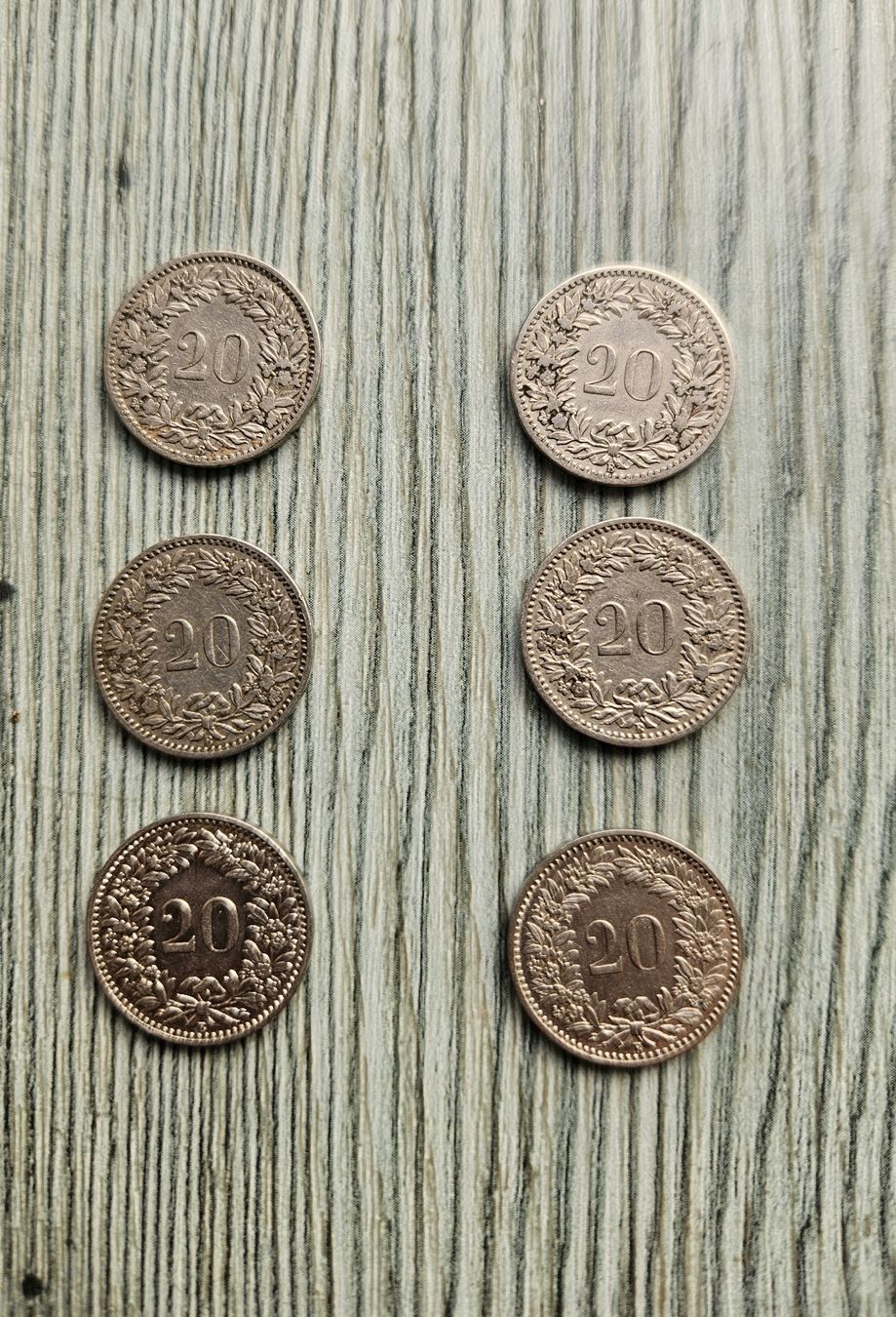 Tutti le monete: Lot de 6 pièces de 20 rappen 1884.1885.1896.1908.13.20 – Usato da Monthey venduto da pas_w5hf 1